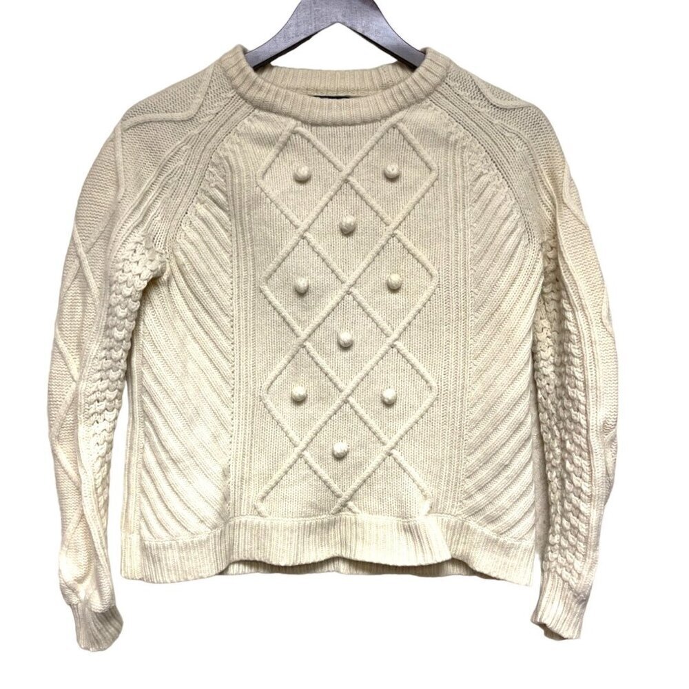 J.Crew Women's Sweater Wool Pom Pom Cable Knit Ivory White Pull Over Size Small